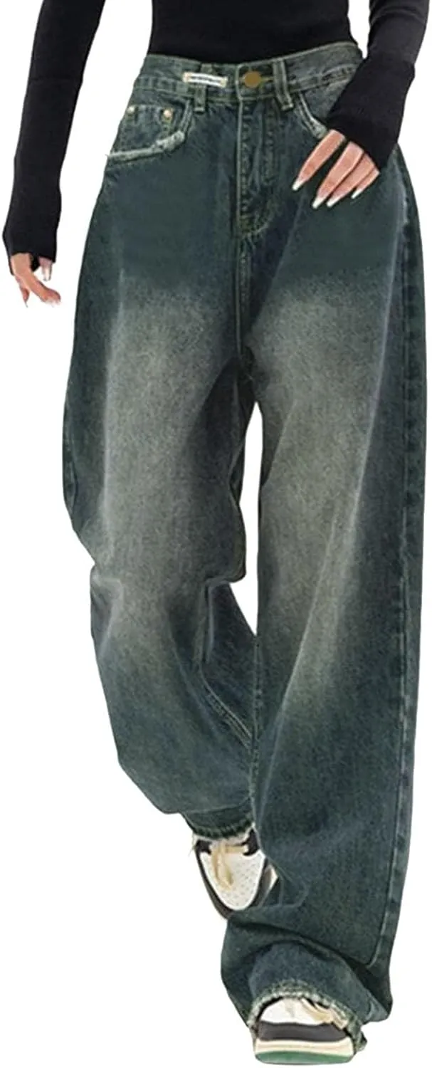 Women's Baggy Jeans Girls Vintage Streetwear Pants Aesthetic Clothing Ripped Baggy High Waisted Trousers with Pockets