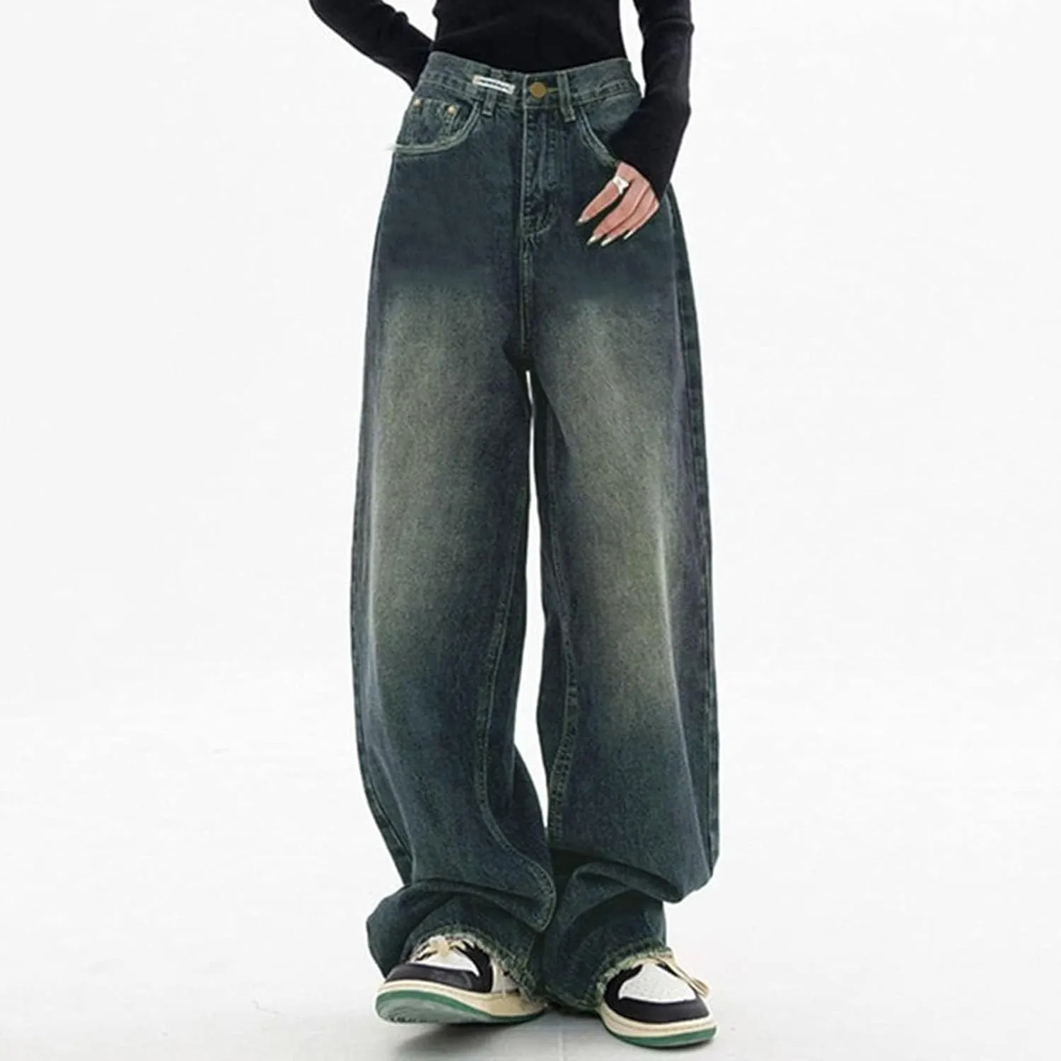 Women's Baggy Jeans Girls Vintage Streetwear Pants Aesthetic Clothing Ripped Baggy High Waisted Trousers with Pockets