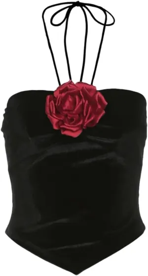 Women's Black Corduroy Three-Dimensional Flower Splicing Short Backless Camisole
