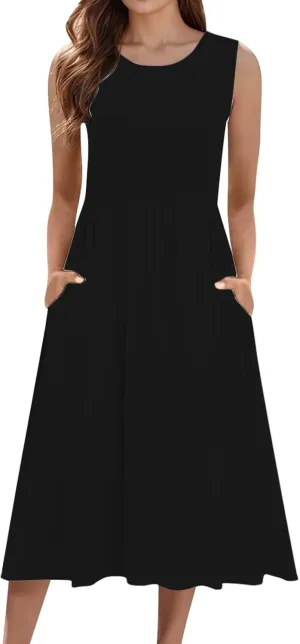 Womens Boho Dresses Women's Summer Tank Midi Dress with Pockets Sleeveless A Line Dress Casual Floral T Shirt