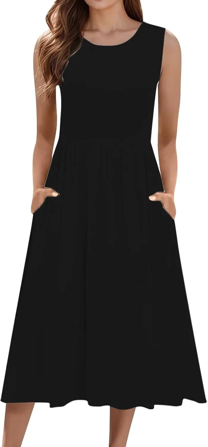 Womens Boho Dresses Women's Summer Tank Midi Dress with Pockets Sleeveless A Line Dress Casual Floral T Shirt