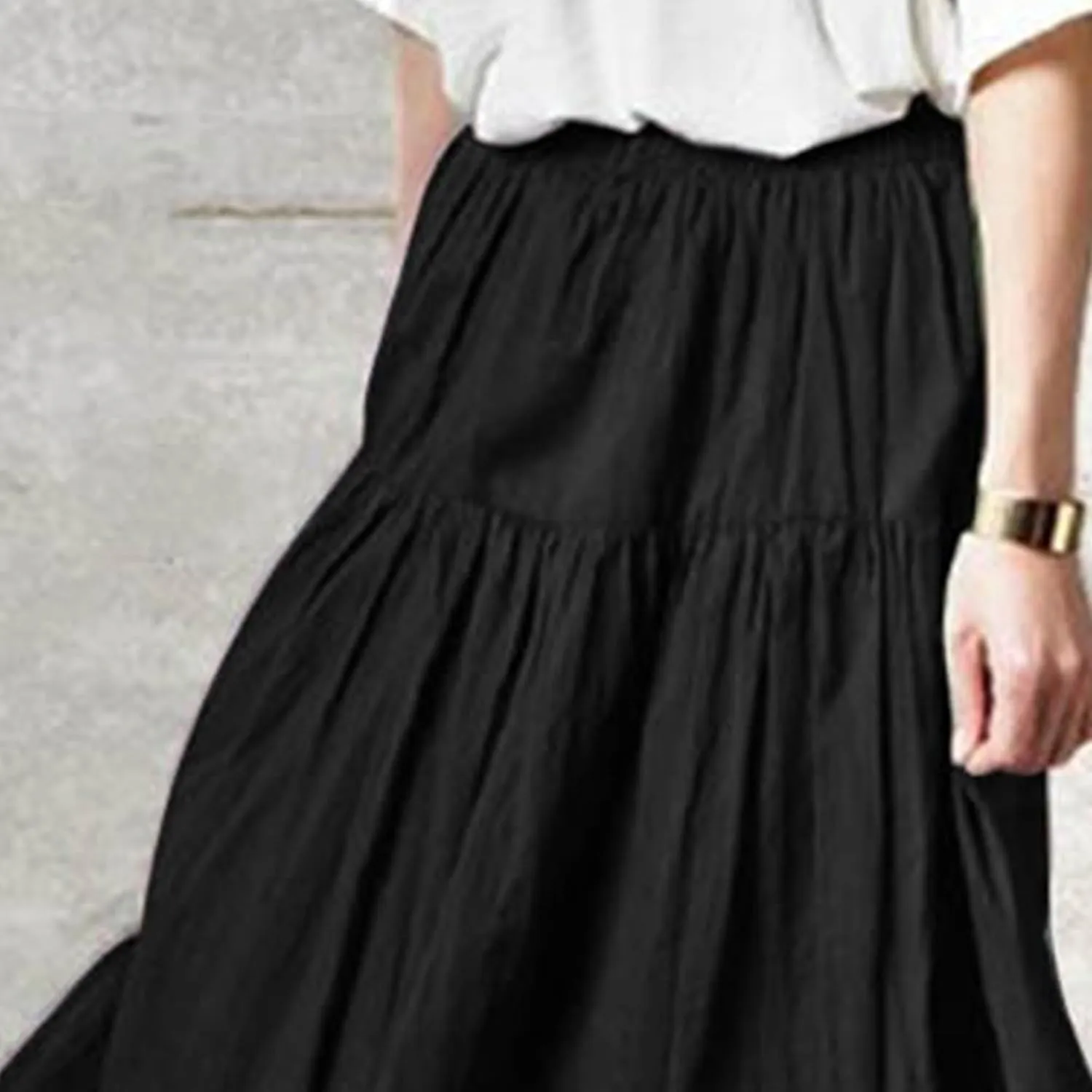 WomenS Boho Elastic High Waist Maxi Skirts Pleated A-Line Flowy Swing Skirt Asymmetric Tiered Maxi Long Skirt Dress