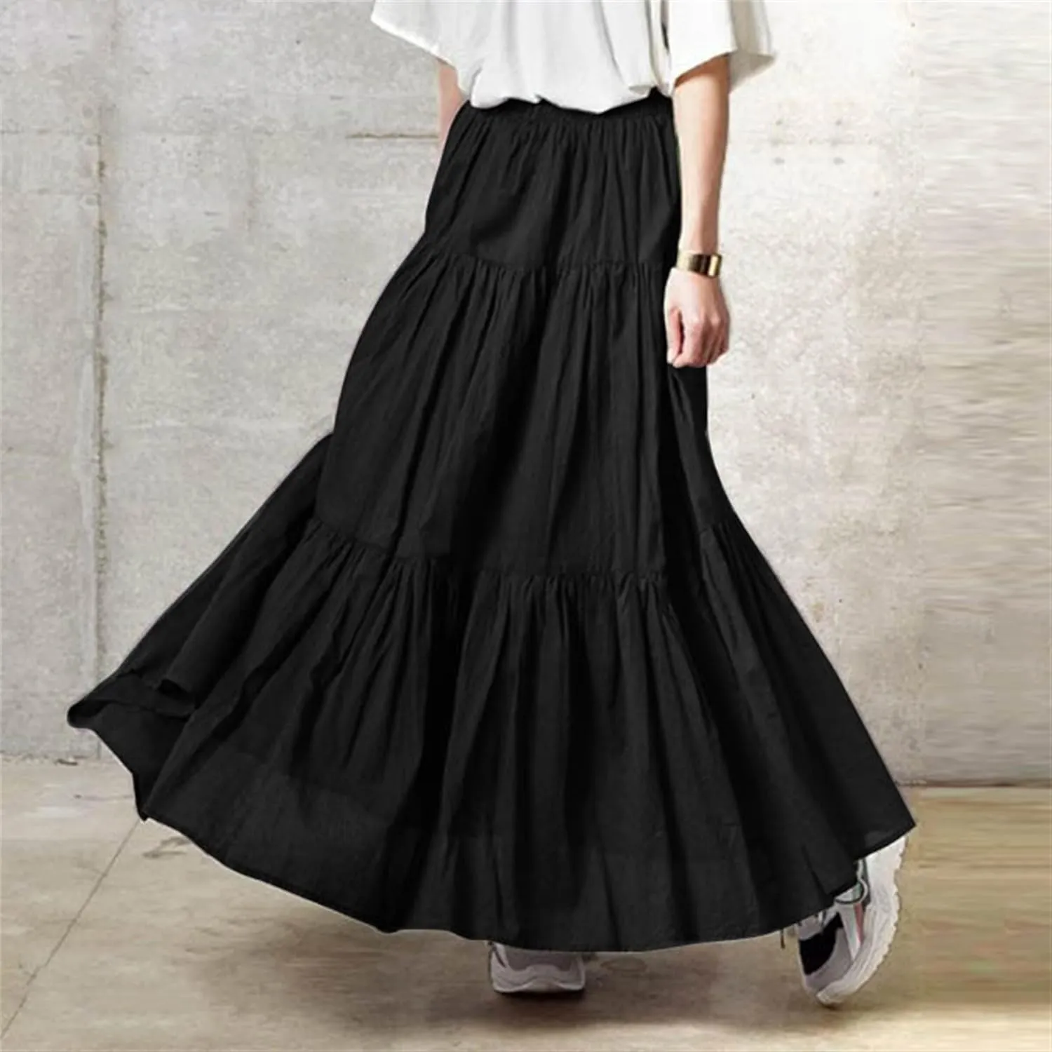 WomenS Boho Elastic High Waist Maxi Skirts Pleated A-Line Flowy Swing Skirt Asymmetric Tiered Maxi Long Skirt Dress