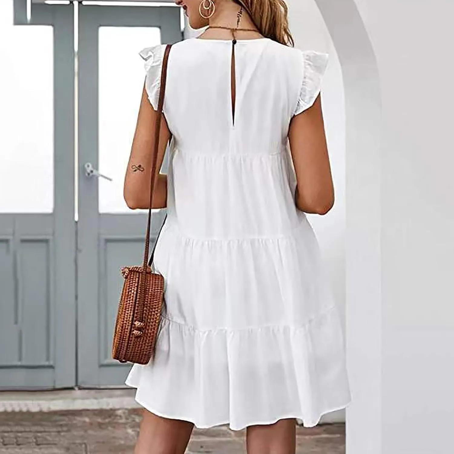 Womens Boho Solid Printed Dress Ruffle Sleeve Tiered Beach Dresses Loose Casual Flowy Swing Short Mini T-Shirt Dress