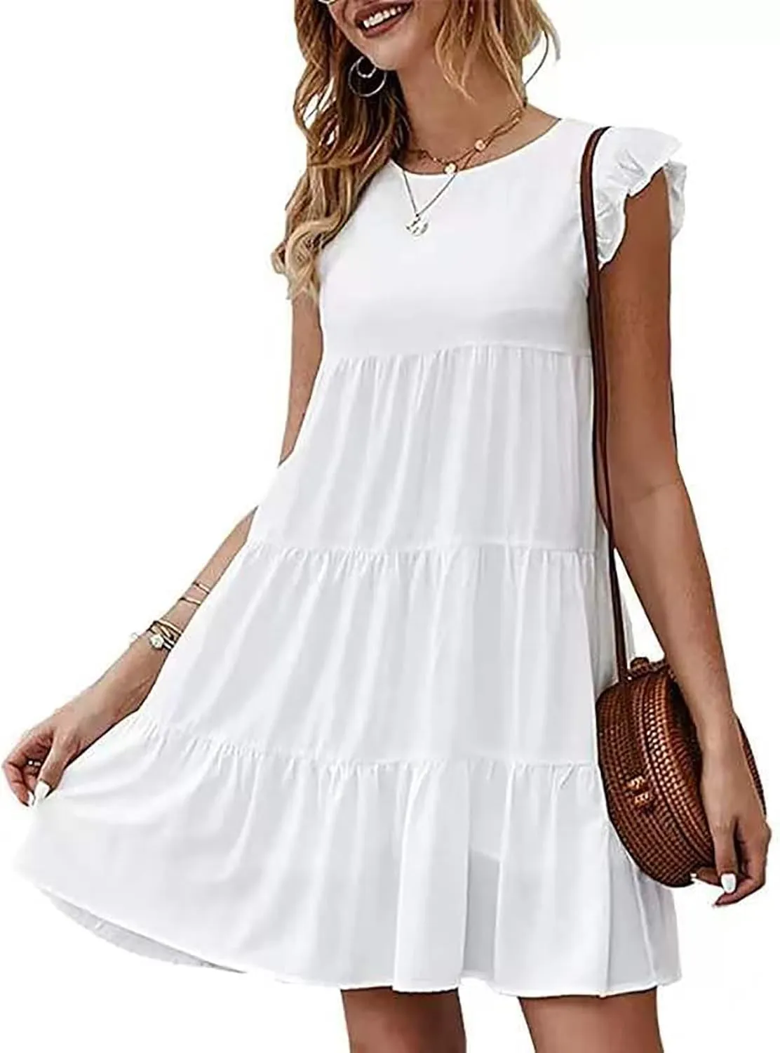 Womens Boho Solid Printed Dress Ruffle Sleeve Tiered Beach Dresses Loose Casual Flowy Swing Short Mini T-Shirt Dress