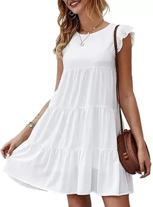 Womens Boho Solid Printed Dress Ruffle Sleeve Tiered Beach Dresses Loose Casual Flowy Swing Short Mini T-Shirt Dress