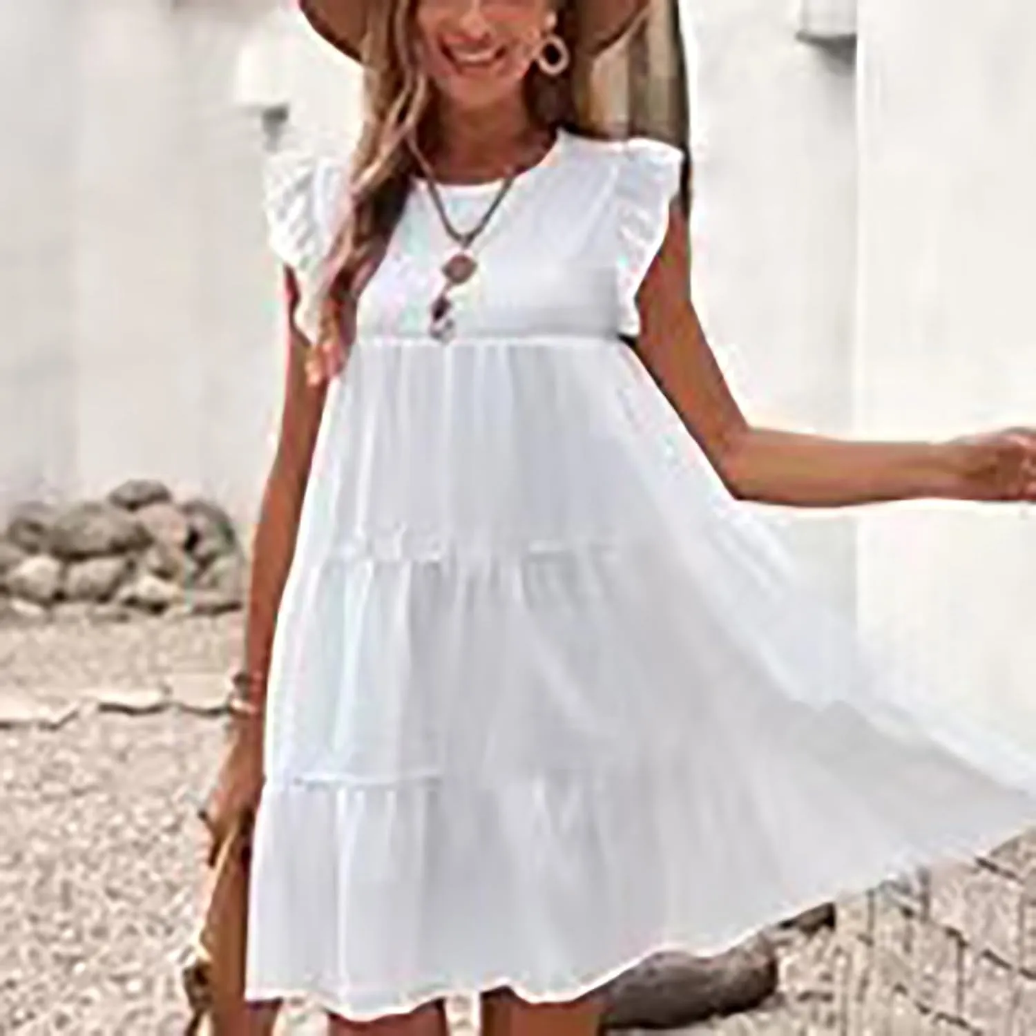 Womens Boho Solid Printed Dress Ruffle Sleeve Tiered Beach Dresses Loose Casual Flowy Swing Short Mini T-Shirt Dress