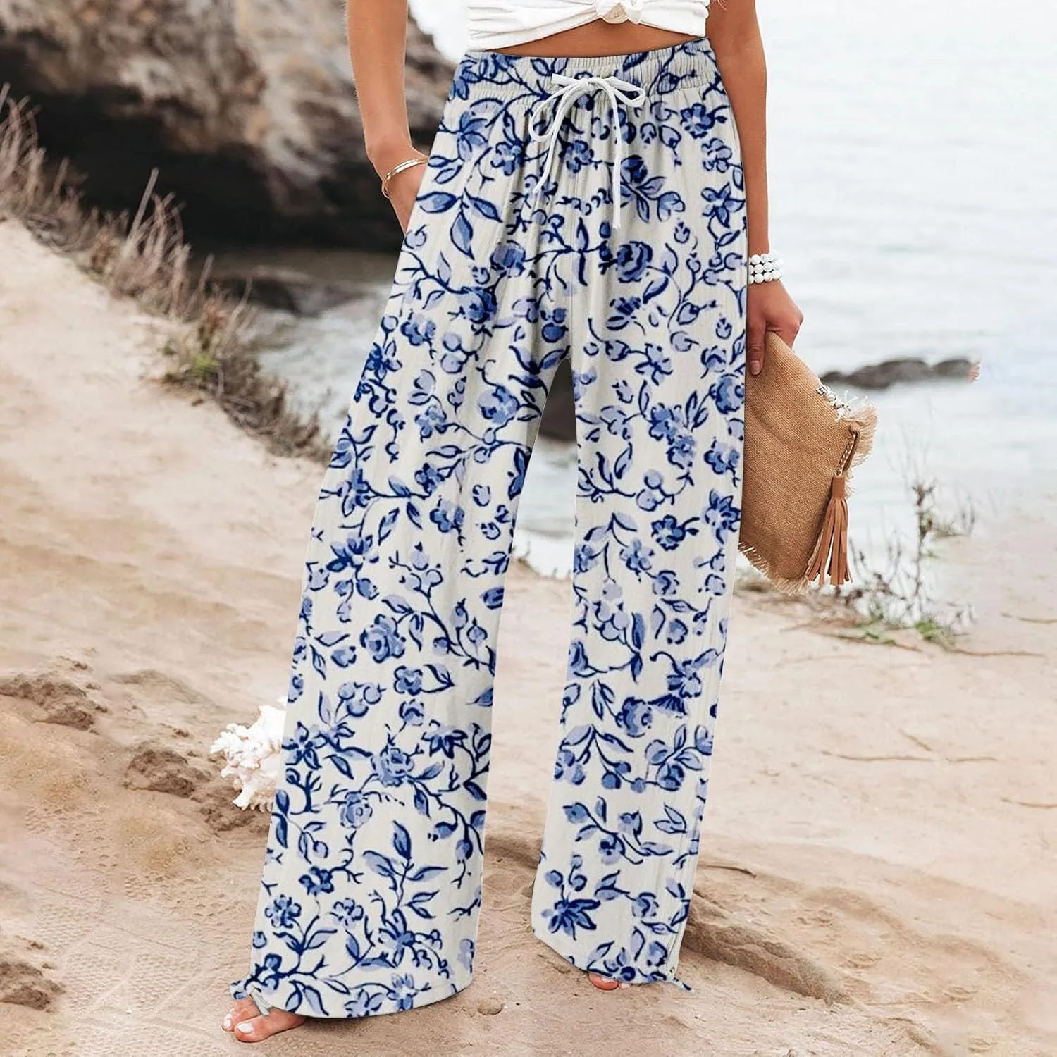 Women's Boho Tropical Print Wide Leg Pants Womens Cotton Casual Loose Pants Comfy Work Pants with Pockets Elastic