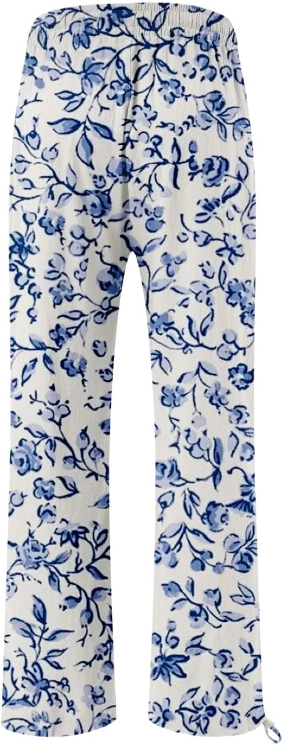 Women's Boho Tropical Print Wide Leg Pants Womens Cotton Casual Loose Pants Comfy Work Pants with Pockets Elastic