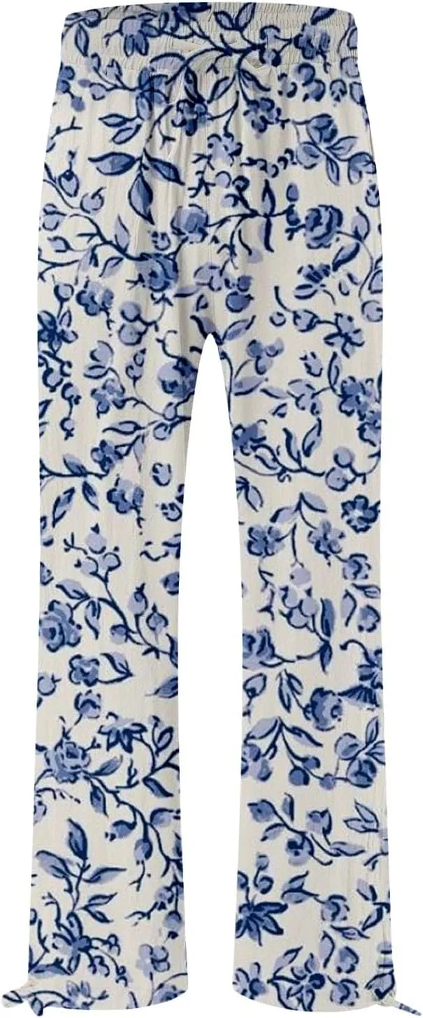 Women's Boho Tropical Print Wide Leg Pants Womens Cotton Casual Loose Pants Comfy Work Pants with Pockets Elastic
