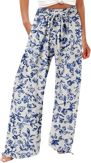 Women's Boho Tropical Print Wide Leg Pants Womens Cotton Casual Loose Pants Comfy Work Pants with Pockets Elastic