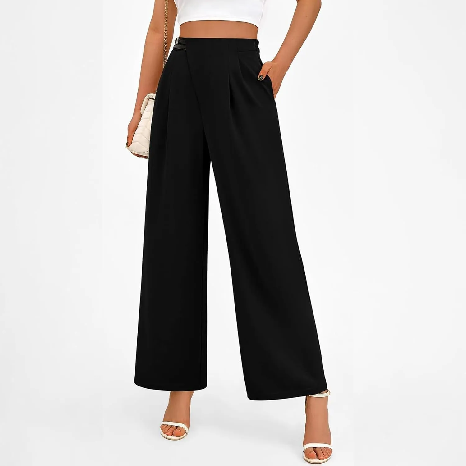 Womens Business Casual Pants Straight Leg Office Dress Pants Trousers Wide Leg Long Palazzo Pants with Pockets