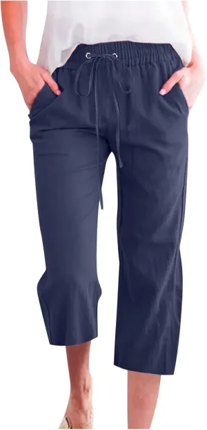 Womens Capri Pants Plus Size Summer Casual Pants High Waist Straight Wide Leg Pants Drawstring Linen Cropped Trouser