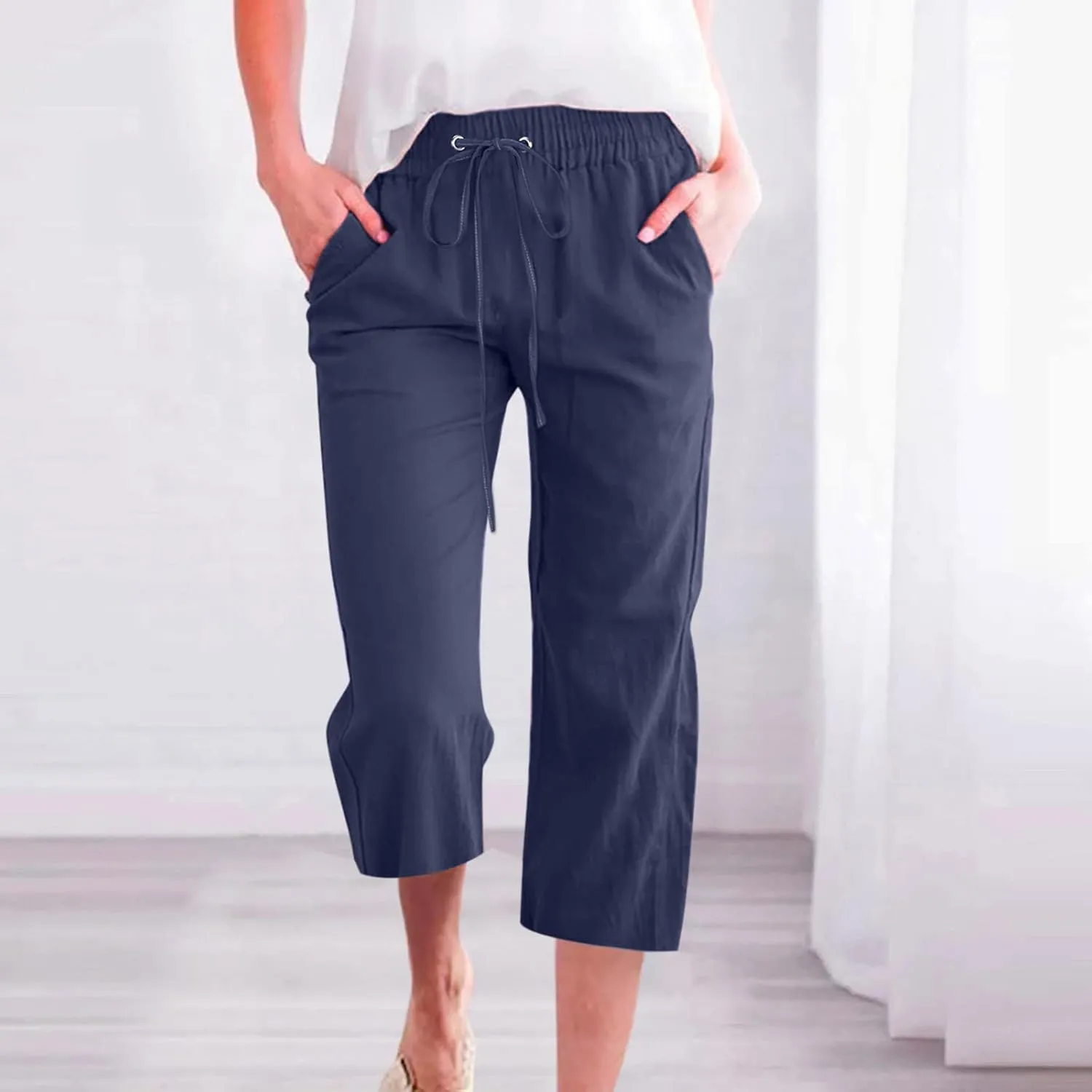 Womens Capri Pants Plus Size Summer Casual Pants High Waist Straight Wide Leg Pants Drawstring Linen Cropped Trouser
