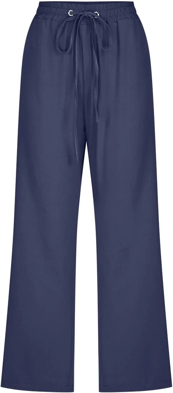 Womens Capri Pants Plus Size Summer Casual Pants High Waist Straight Wide Leg Pants Drawstring Linen Cropped Trouser