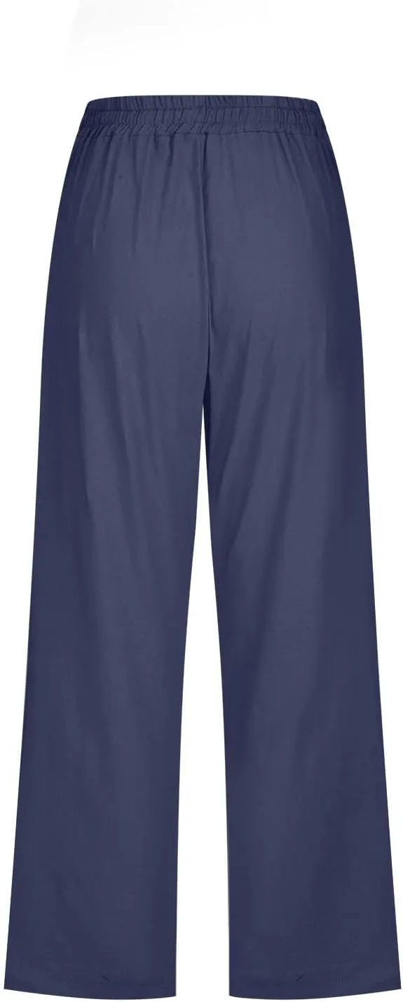 Womens Capri Pants Plus Size Summer Casual Pants High Waist Straight Wide Leg Pants Drawstring Linen Cropped Trouser