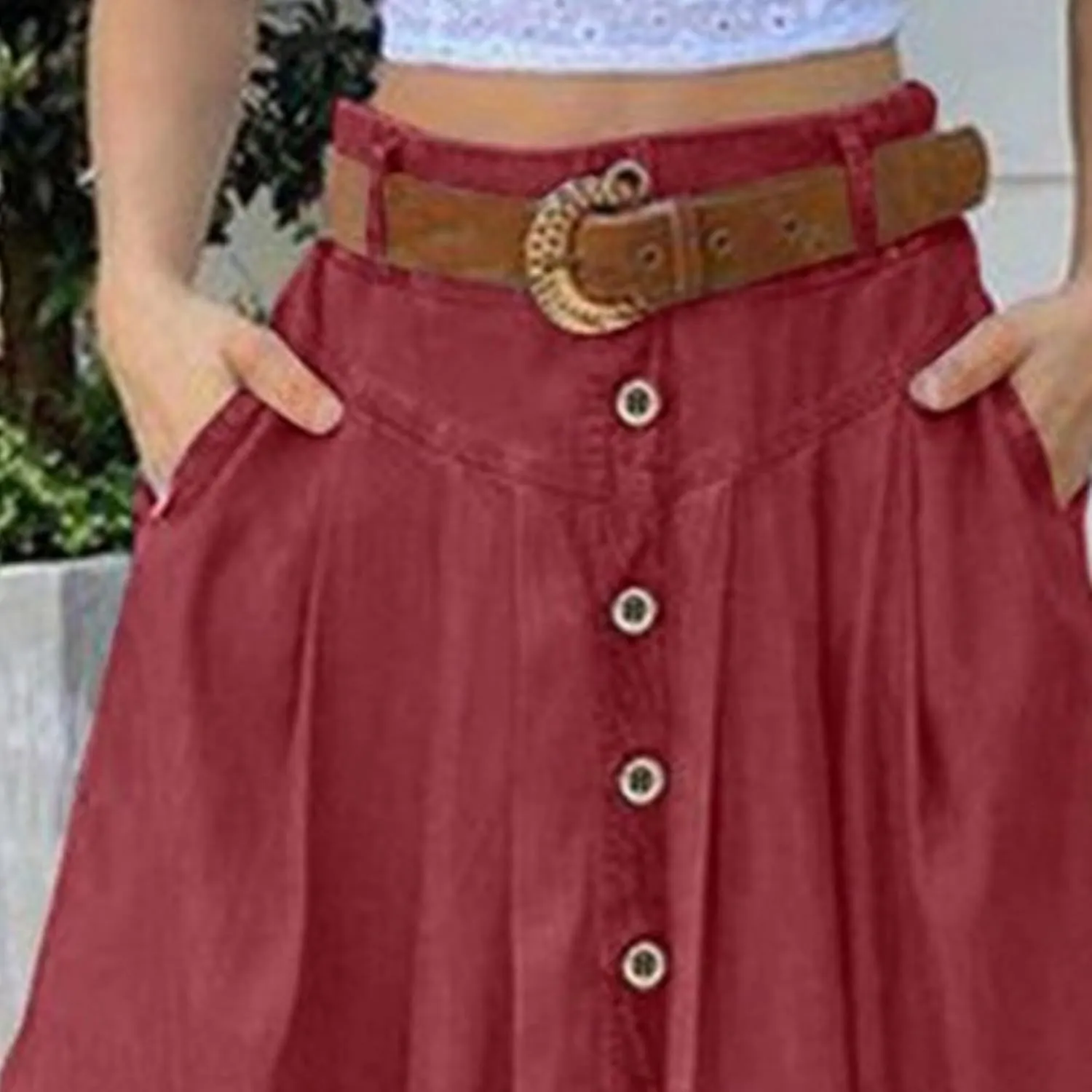 Women's Casual Bag Waist Skirts A Line Pleated Midi Skirt with Pockets Casual Button Front Pleated Flare Skirts