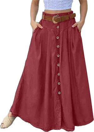 Women's Casual Bag Waist Skirts A Line Pleated Midi Skirt with Pockets Casual Button Front Pleated Flare Skirts