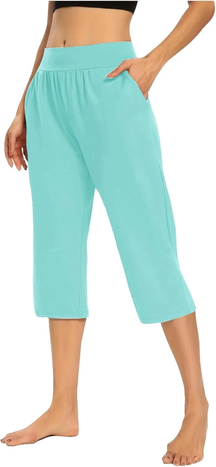 Women's Casual Capri Pants Summer Loose Yoga Pants Comfy Workout Pants High Waist Capri Trousers with Pockets