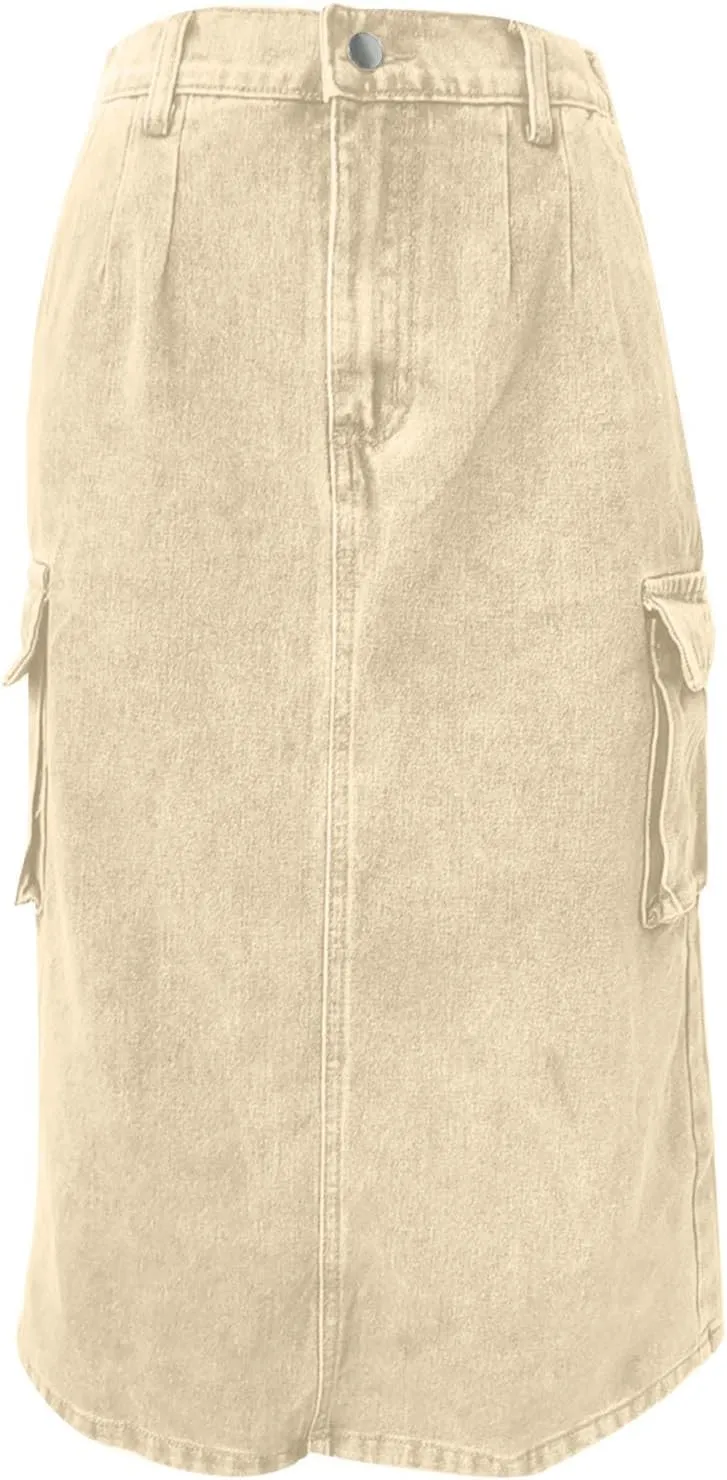 Womens Casual Denim Skirt Button High Waisted Split A-line Midi Skirt Bodycon Pencil Jean Skirt with 2 Flap Pockets