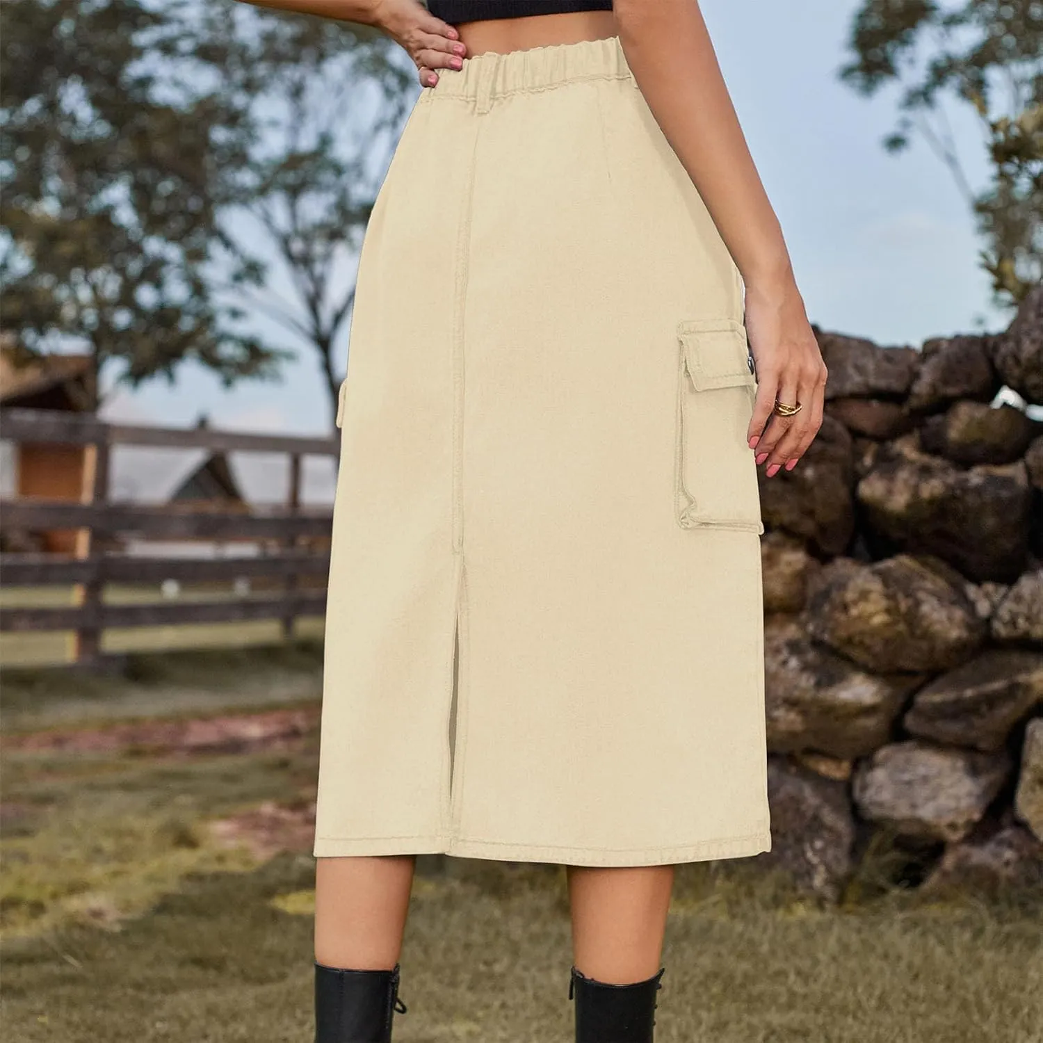 Womens Casual Denim Skirt Button High Waisted Split A-line Midi Skirt Bodycon Pencil Jean Skirt with 2 Flap Pockets