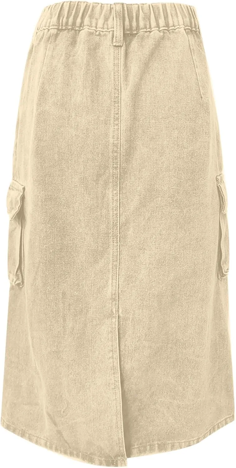 Womens Casual Denim Skirt Button High Waisted Split A-line Midi Skirt Bodycon Pencil Jean Skirt with 2 Flap Pockets