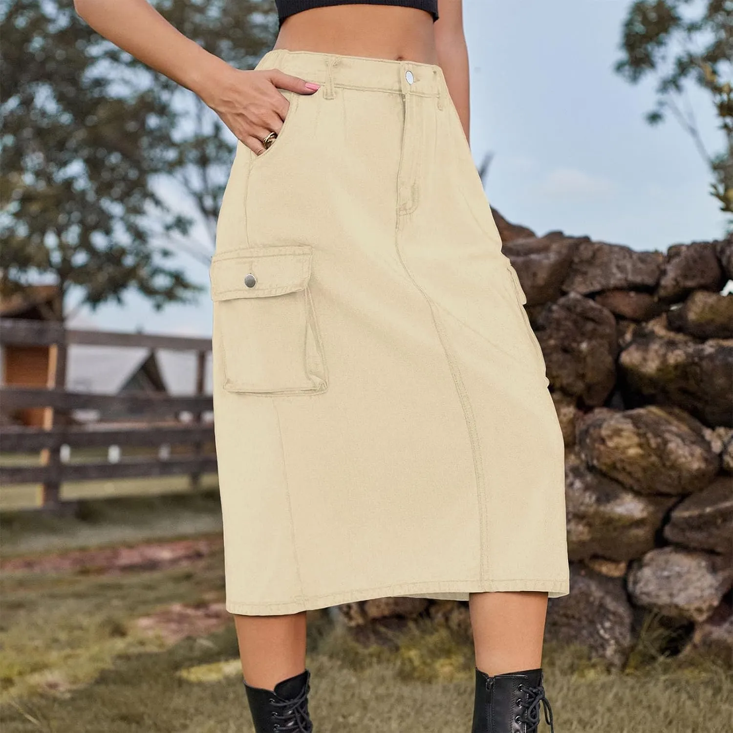 Womens Casual Denim Skirt Button High Waisted Split A-line Midi Skirt Bodycon Pencil Jean Skirt with 2 Flap Pockets