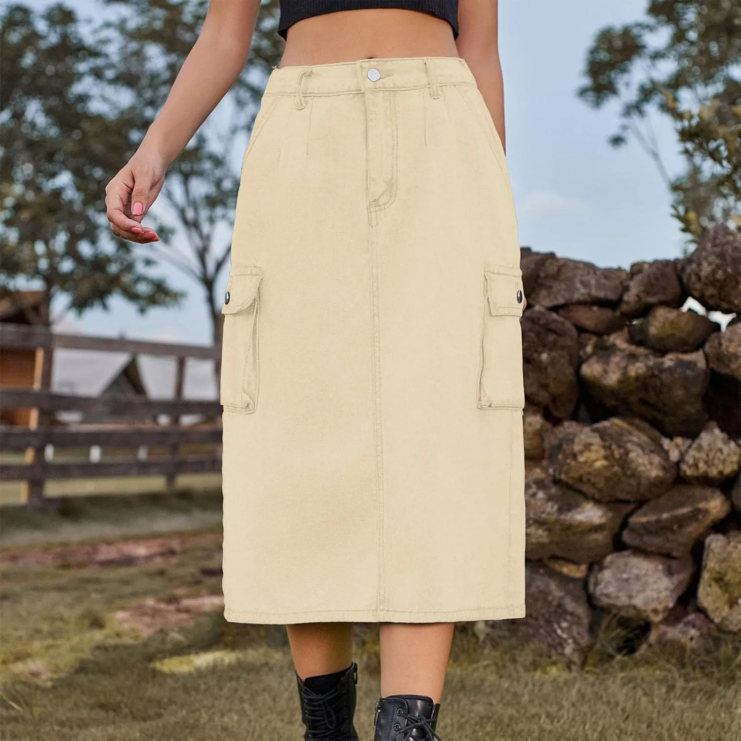 Womens Casual Denim Skirt Button High Waisted Split A-line Midi Skirt Bodycon Pencil Jean Skirt with 2 Flap Pockets