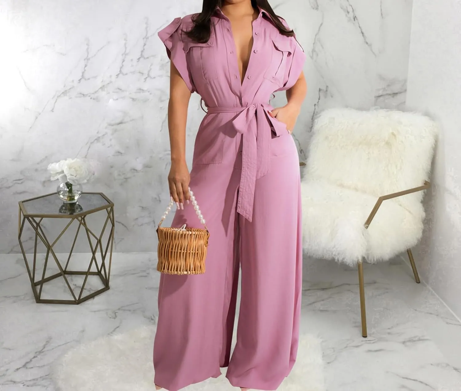 Women's Casual Long Sleeve Round Neck Jumpsuits Work Wide Leg Pants Club Party Loose Rompers