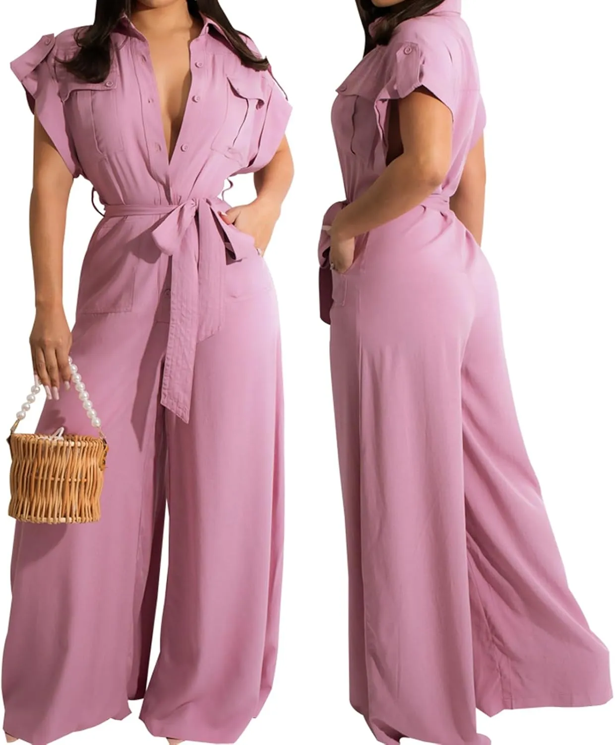 Women's Casual Long Sleeve Round Neck Jumpsuits Work Wide Leg Pants Club Party Loose Rompers