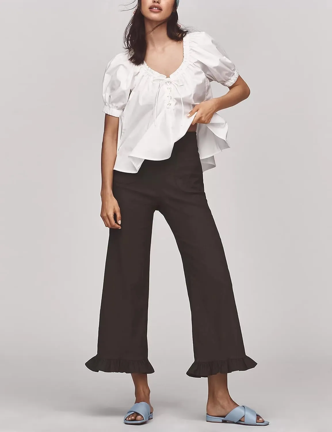 Women's Colette Flare Wide Leg Pants Summer Casual High Waist Ruffle Cropped Hem Loose Fit Trousers with Pockets