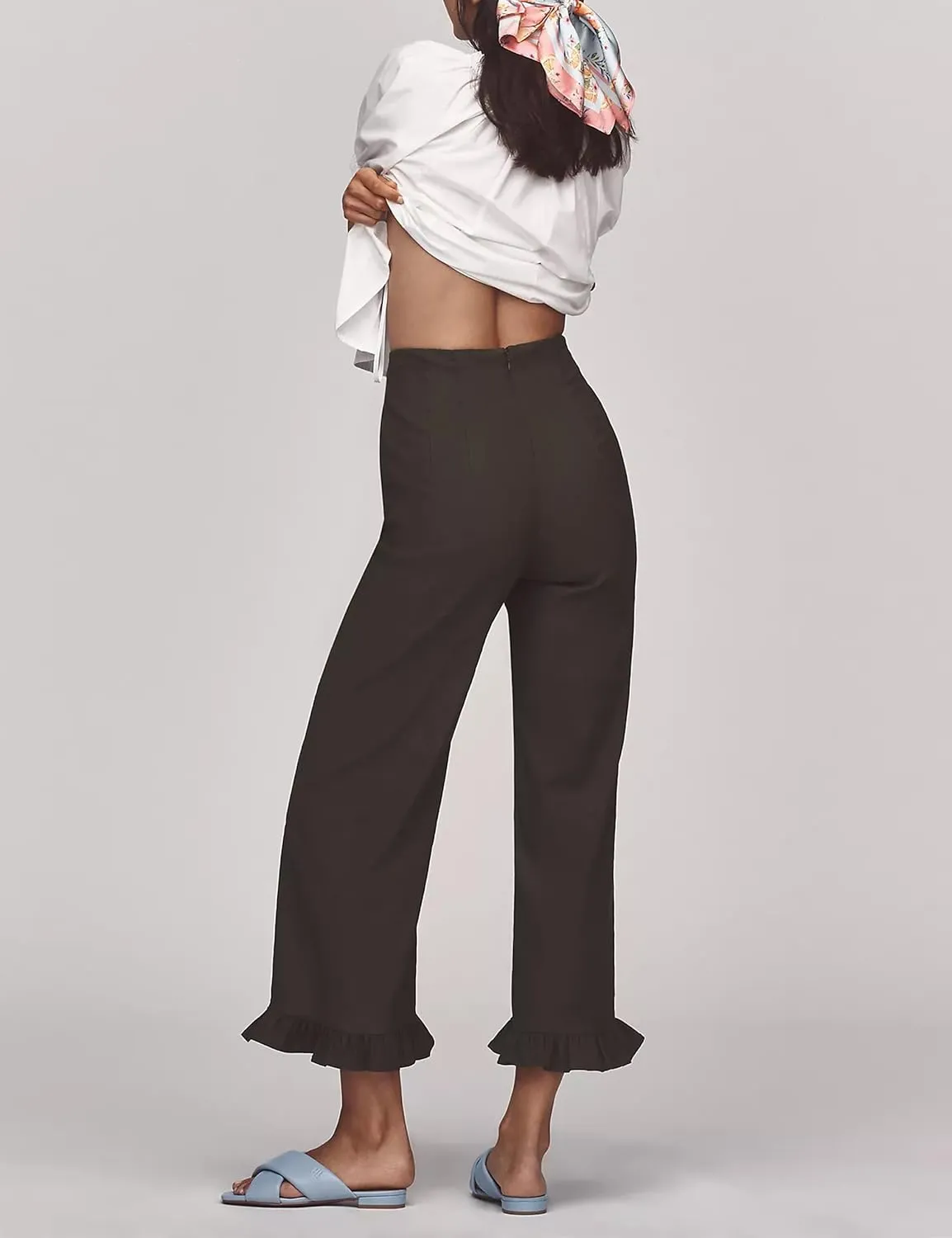 Women's Colette Flare Wide Leg Pants Summer Casual High Waist Ruffle Cropped Hem Loose Fit Trousers with Pockets