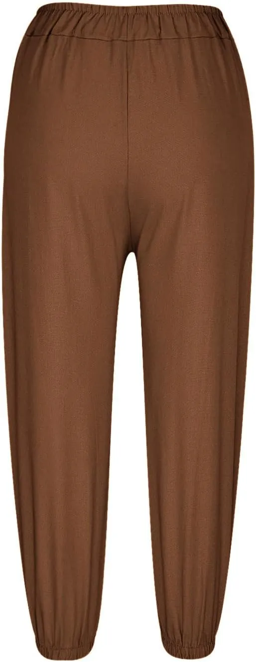 Women's Cotton Linen Capri Pants Plain High Waist Cinch Bottom with Button Summer Loose Casual Trouser with Pockets