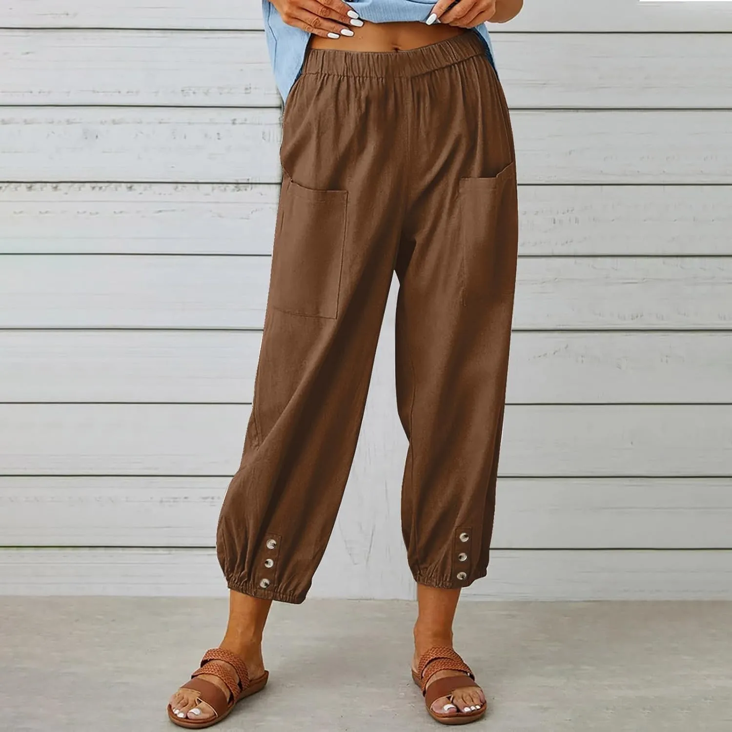 Women's Cotton Linen Capri Pants Plain High Waist Cinch Bottom with Button Summer Loose Casual Trouser with Pockets