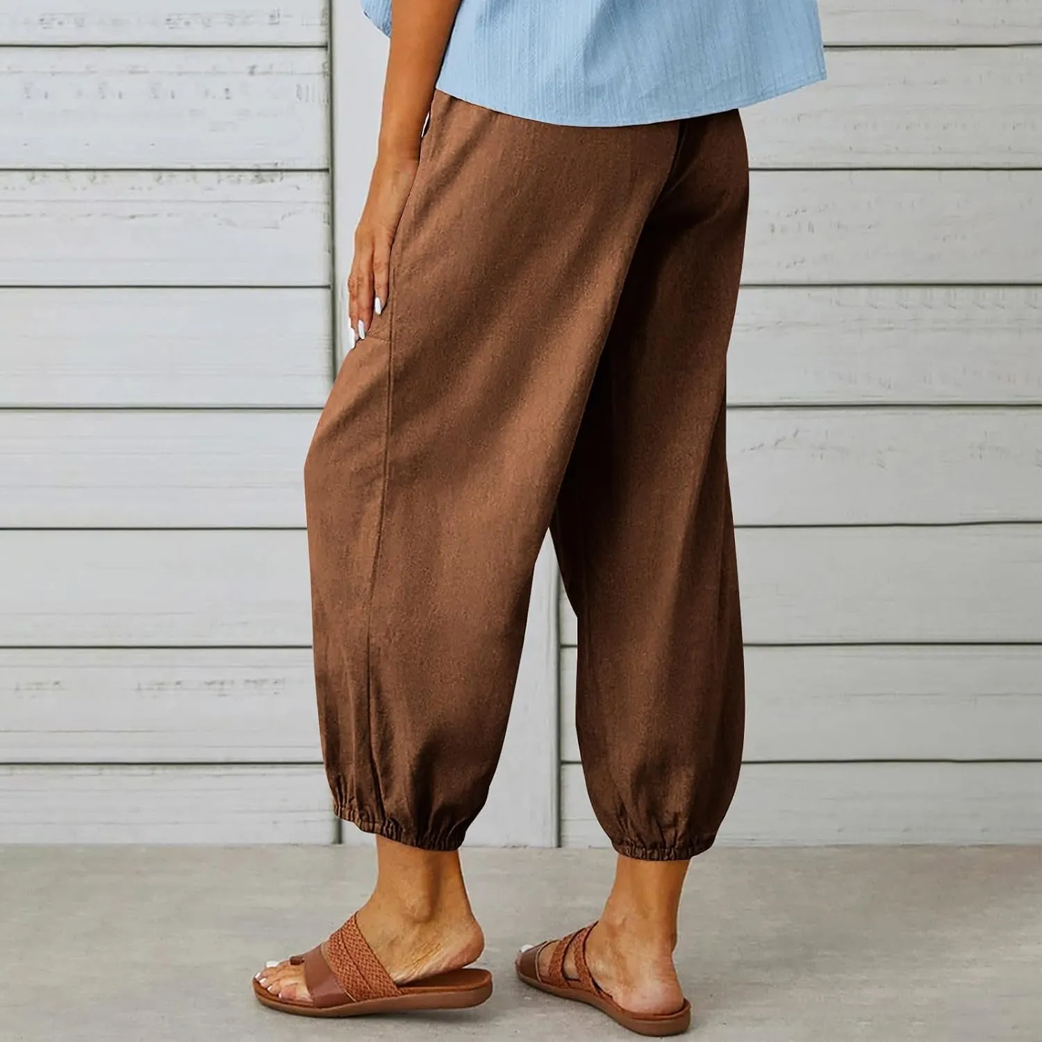 Women's Cotton Linen Capri Pants Plain High Waist Cinch Bottom with Button Summer Loose Casual Trouser with Pockets