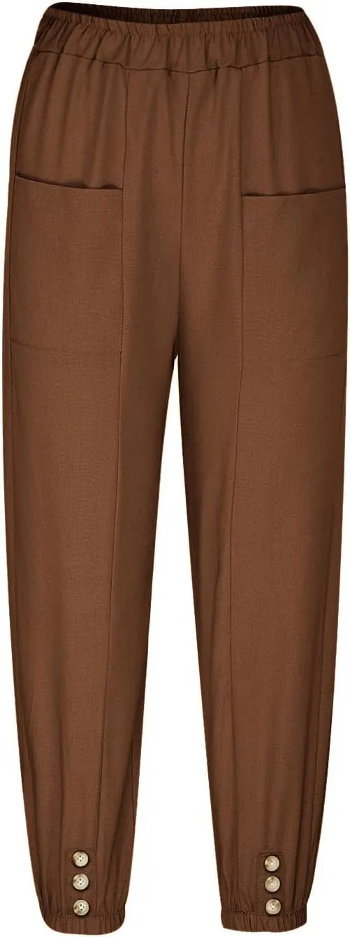 Women's Cotton Linen Capri Pants Plain High Waist Cinch Bottom with Button Summer Loose Casual Trouser with Pockets