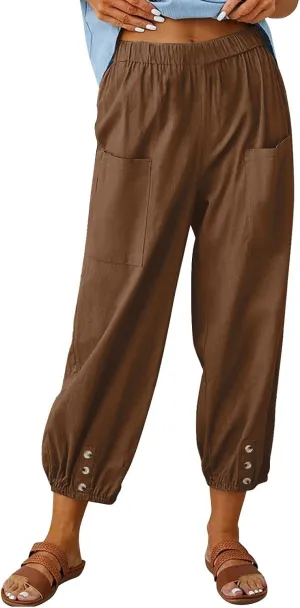 Women's Cotton Linen Capri Pants Plain High Waist Cinch Bottom with Button Summer Loose Casual Trouser with Pockets