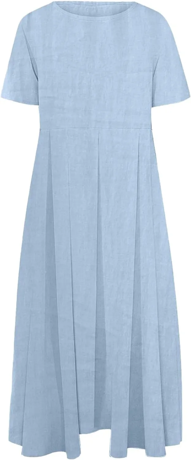 Women's Cotton Linen Maxi Dresses Plus Size Fashion Short Sleeves Crewneck Oversized Shirt Dress Beach Sundress