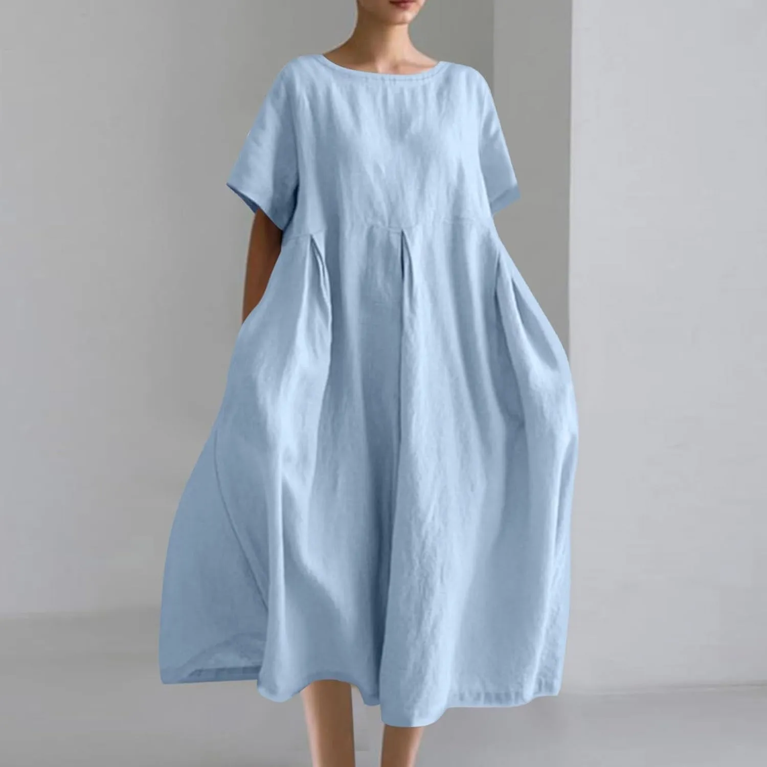Women's Cotton Linen Maxi Dresses Plus Size Fashion Short Sleeves Crewneck Oversized Shirt Dress Beach Sundress