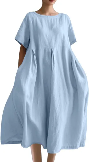 Women's Cotton Linen Maxi Dresses Plus Size Fashion Short Sleeves Crewneck Oversized Shirt Dress Beach Sundress