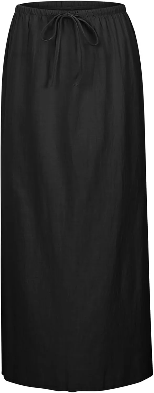 Womens Cotton Linen Maxi Skirts Summer Drawstring A Line Long Skirts Casual Trendy Flowy Boho Beach Vacation Outfits