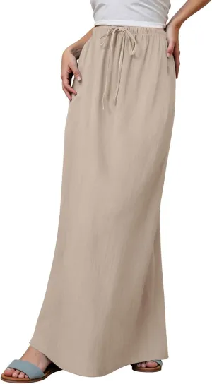 Womens Cotton Linen Maxi Skirts Summer Drawstring A Line Long Skirts Casual Trendy Flowy Boho Beach Vacation Outfits