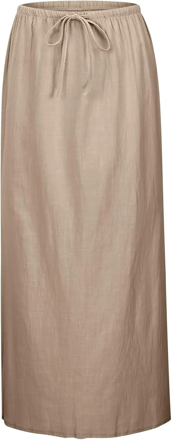 Womens Cotton Linen Maxi Skirts Summer Drawstring A Line Long Skirts Casual Trendy Flowy Boho Beach Vacation Outfits