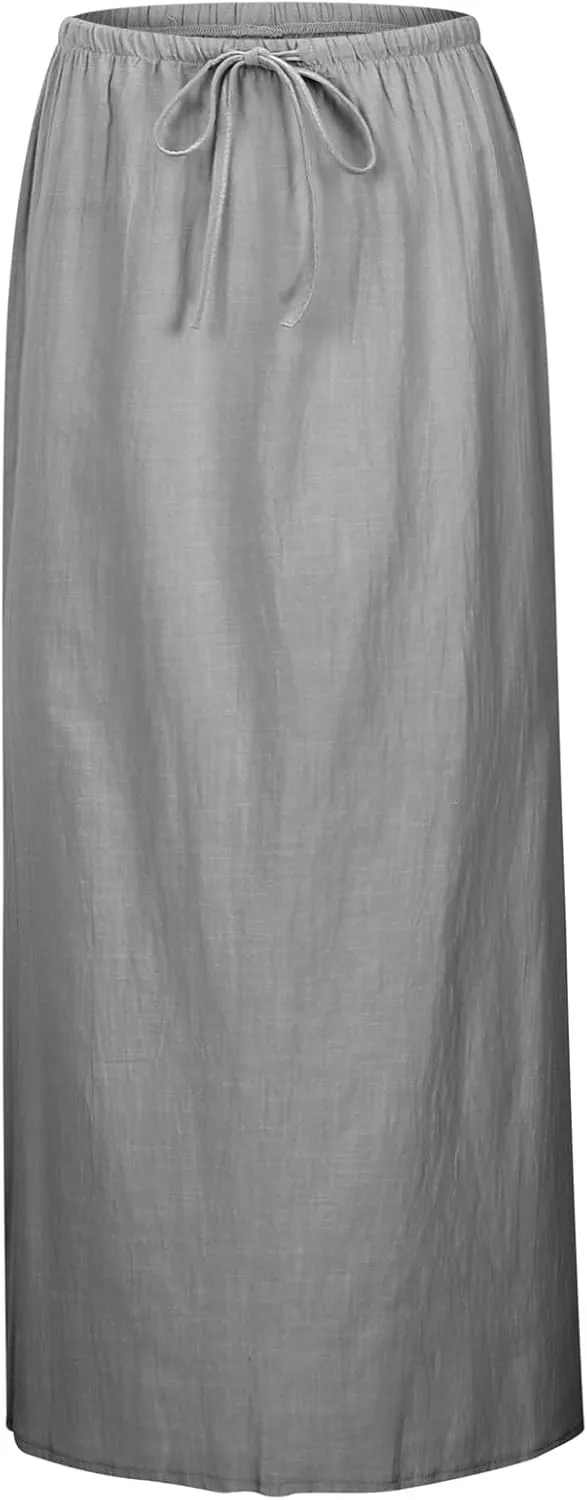 Womens Cotton Linen Maxi Skirts Summer Drawstring A Line Long Skirts Casual Trendy Flowy Boho Beach Vacation Outfits