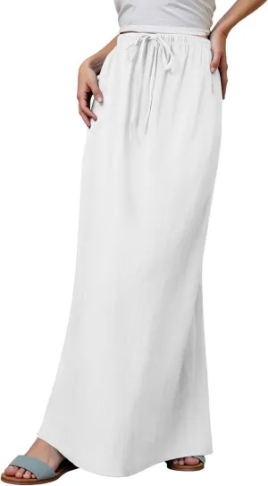 Womens Cotton Linen Maxi Skirts Summer Drawstring A Line Long Skirts Casual Trendy Flowy Boho Beach Vacation Outfits