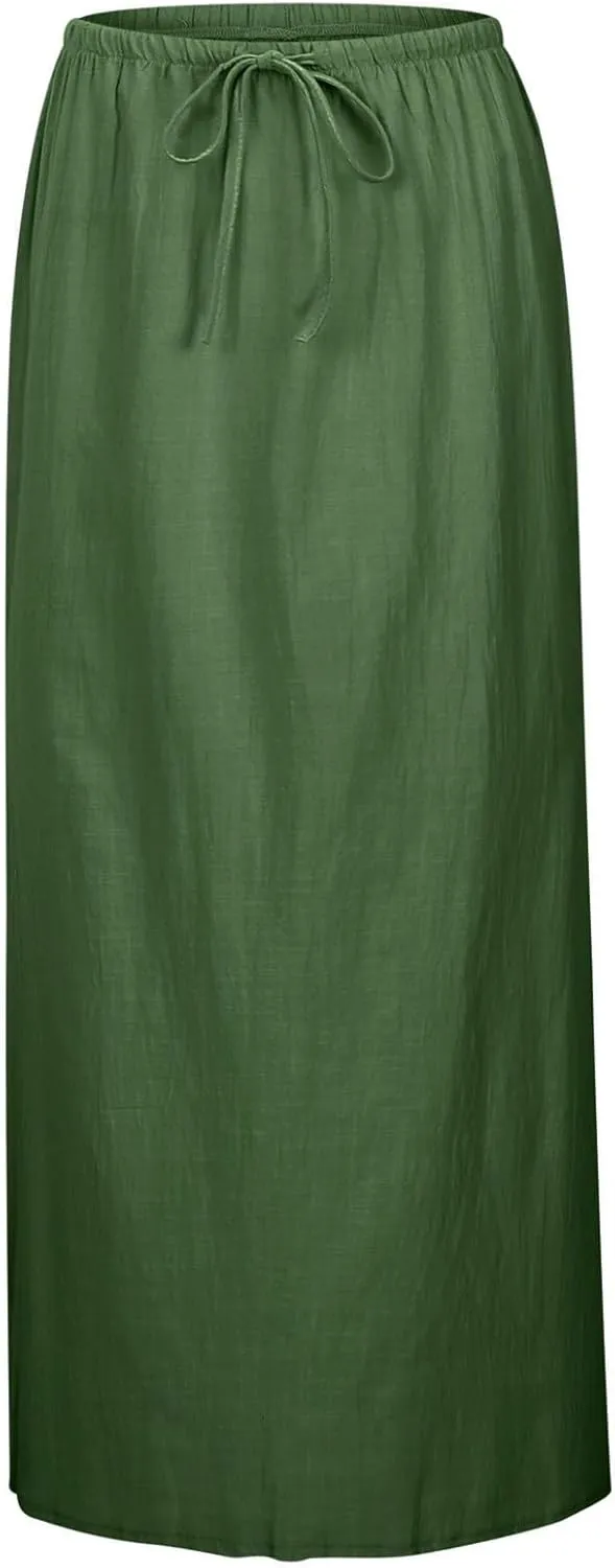 Womens Cotton Linen Maxi Skirts Summer Drawstring A Line Long Skirts Casual Trendy Flowy Boho Beach Vacation Outfits