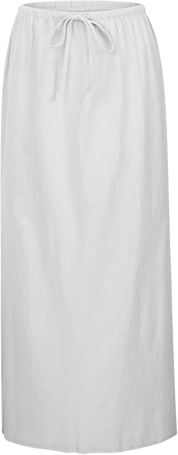 Womens Cotton Linen Maxi Skirts Summer Drawstring A Line Long Skirts Casual Trendy Flowy Boho Beach Vacation Outfits