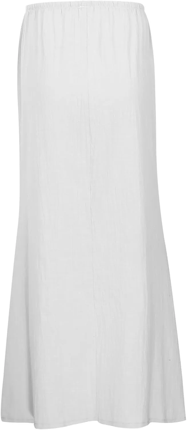 Womens Cotton Linen Maxi Skirts Summer Drawstring A Line Long Skirts Casual Trendy Flowy Boho Beach Vacation Outfits