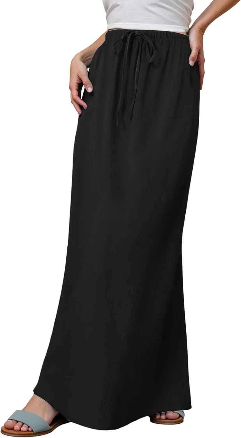 Womens Cotton Linen Maxi Skirts Summer Drawstring A Line Long Skirts Casual Trendy Flowy Boho Beach Vacation Outfits