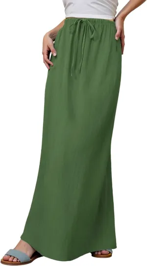 Womens Cotton Linen Maxi Skirts Summer Drawstring A Line Long Skirts Casual Trendy Flowy Boho Beach Vacation Outfits